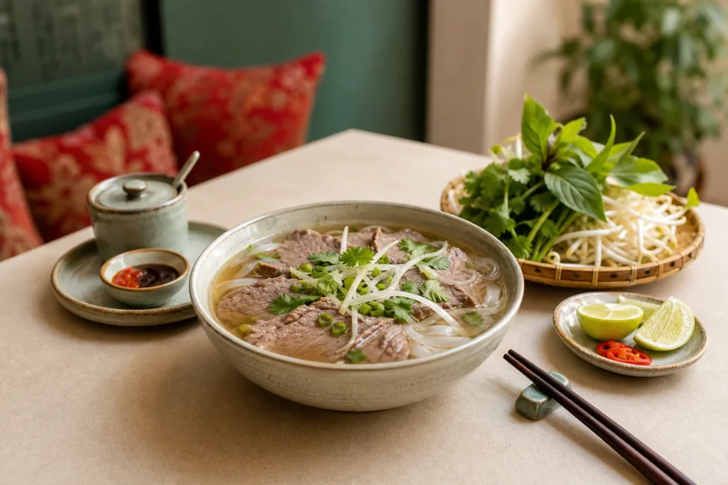 What is pho: Vietnamese beef pho with rice noodles, fresh herbs and lime at An Pho London
