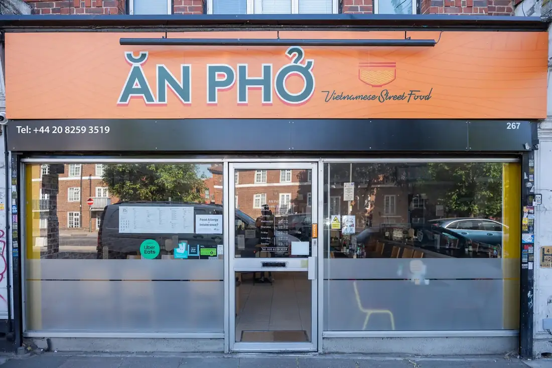 Ăn Phở shopfront with orange sign on Edgware Road